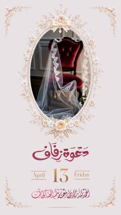 قالب دعوة زفاف بطرحة وكرسي متحركة، للتحميل والتعديل مجاناً من أندلسي