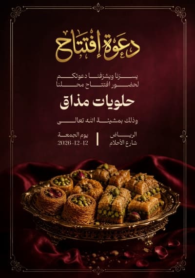 قالب دعوة افتتاح محل حلويات، للتحميل والتعديل مجاناً من أندلسي