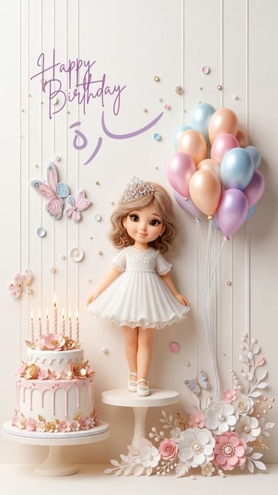 قالب Girl's Birthday Greeting With A Doll And Cake, Free to Edit من أندلسي