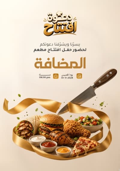 قالب دعوة افتتاح مطعم، للتحميل والتعديل مجاناً من أندلسي