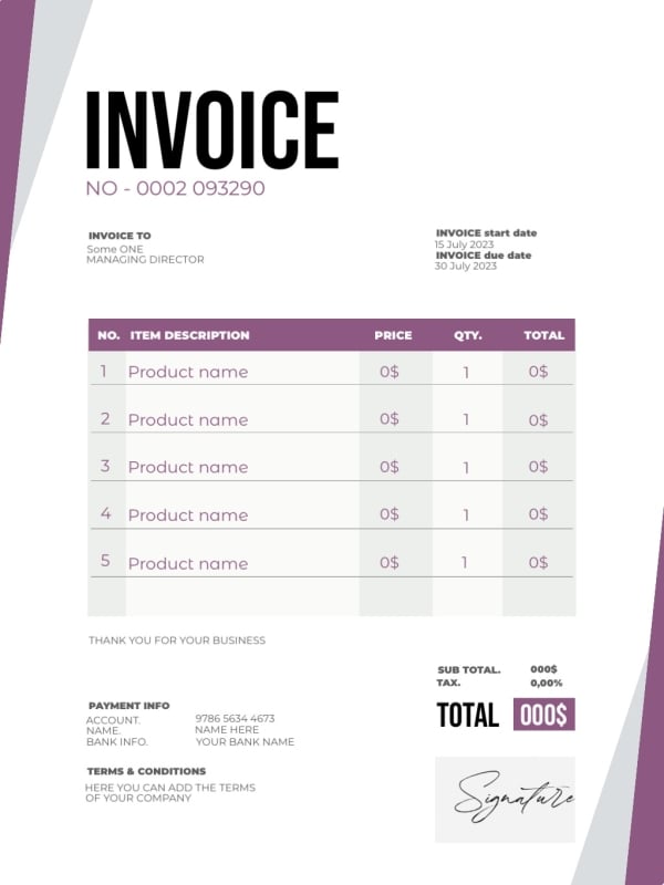 Invoice Design, download and edit for free design template - Invoice from the Andalusi design app