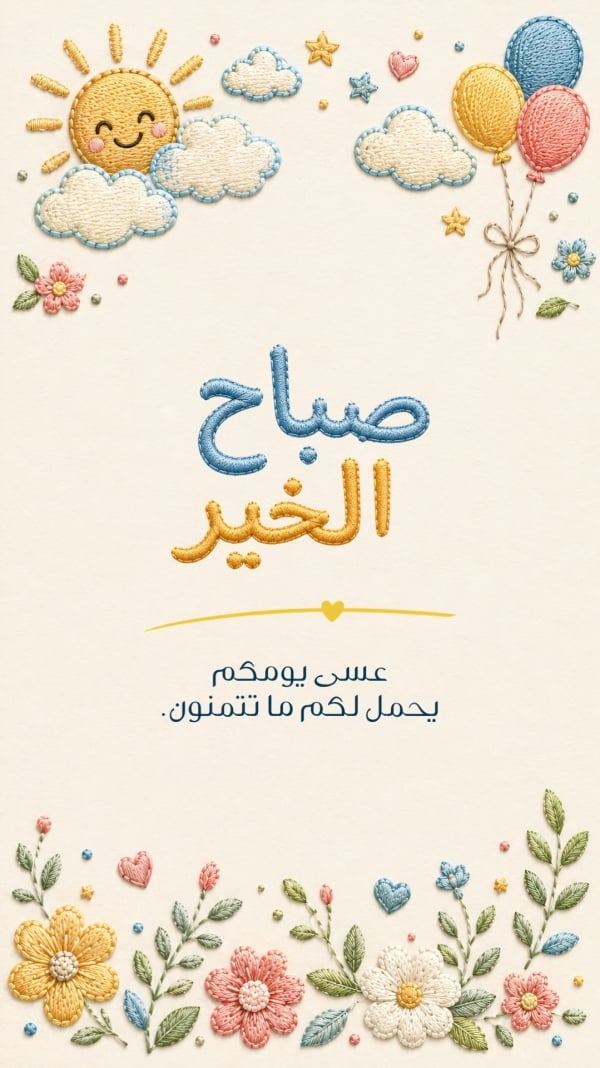 قالب تصميم منشور صباح الخير بخلفية مطرّزة، للتحميل والتعديل مجاناً - تهنئة, صباح الخير من تطبيق أندلسي للتصميم