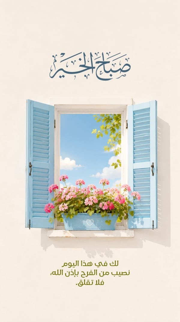 قالب تصميم منشور صباح الخير بنافذة ونبات، للتحميل والتعديل مجاناً - تهنئة, صباح الخير من تطبيق أندلسي للتصميم