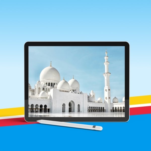 Design Mockup for Tablet with Architectural Landmark, download and edit for free design template - Mockups from the Andalusi design app