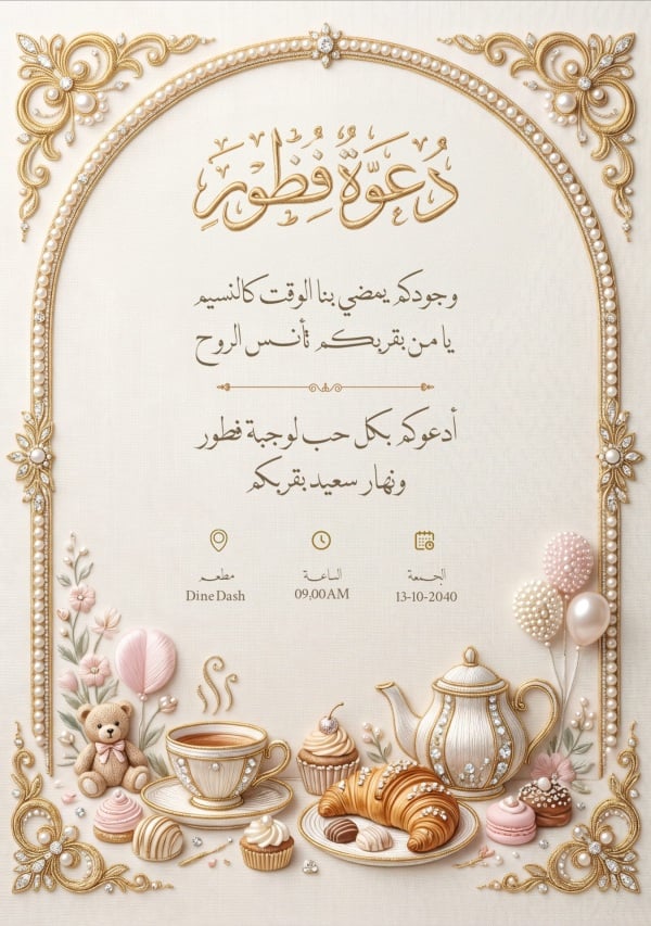 قالب تصميم دعوة فطور في مطعم بالتاريخ والموعد - دعوة فطور, دعوات من تطبيق أندلسي للتصميم