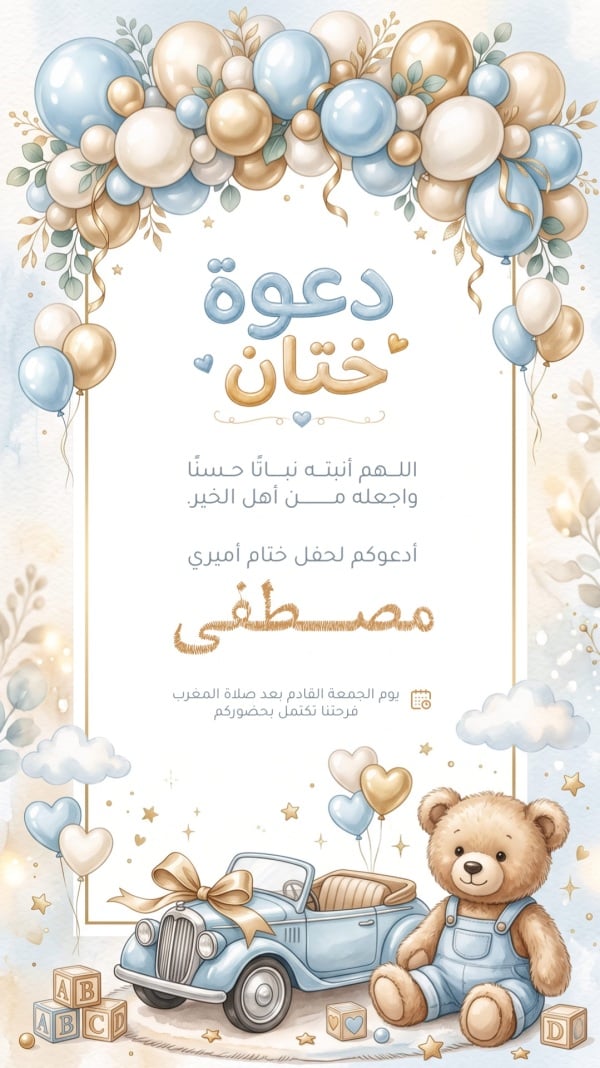 قالب تصميم دعوة ختان بدعاء وتصميم بسيارة - ختان, دعوات من تطبيق أندلسي للتصميم