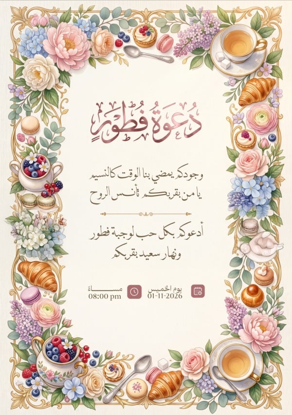 قالب تصميم دعوة فطور بعبارة وجودكم كالنسيم - دعوة فطور, دعوات من تطبيق أندلسي للتصميم
