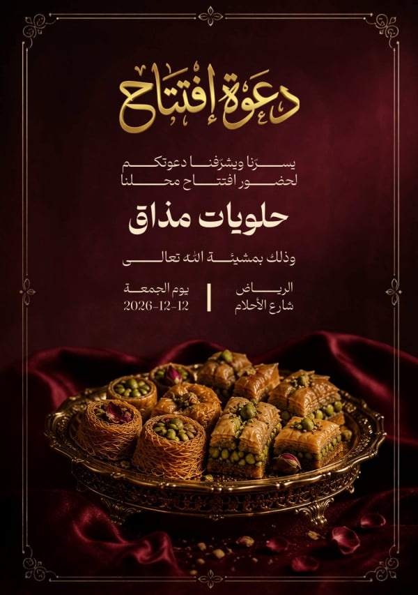قالب تصميم دعوة افتتاح محل حلويات، للتحميل والتعديل مجاناً - مطاعم, حلويات ومخابز من تطبيق أندلسي للتصميم