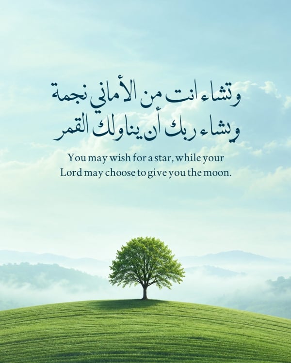 قالب تصميم اقتباس نجمة وقمر بشجرة على تل أخضر، للتحميل والتعديل مجاناً - خطوط مميزة, اقتباسات من تطبيق أندلسي للتصميم