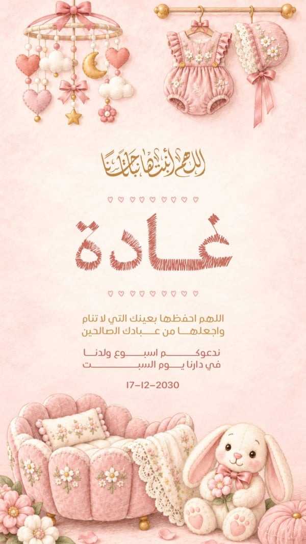 قالب تصميم دعوة أسبوع المولودة بأرنب وردي، للتحميل والتعديل مجاناً - مولود جديد من تطبيق أندلسي للتصميم