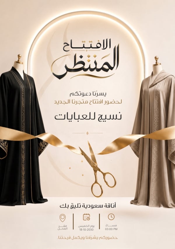 قالب تصميم دعوة افتتاح متجر عبايات، للتحميل والتعديل مجاناً - ملابس من تطبيق أندلسي للتصميم