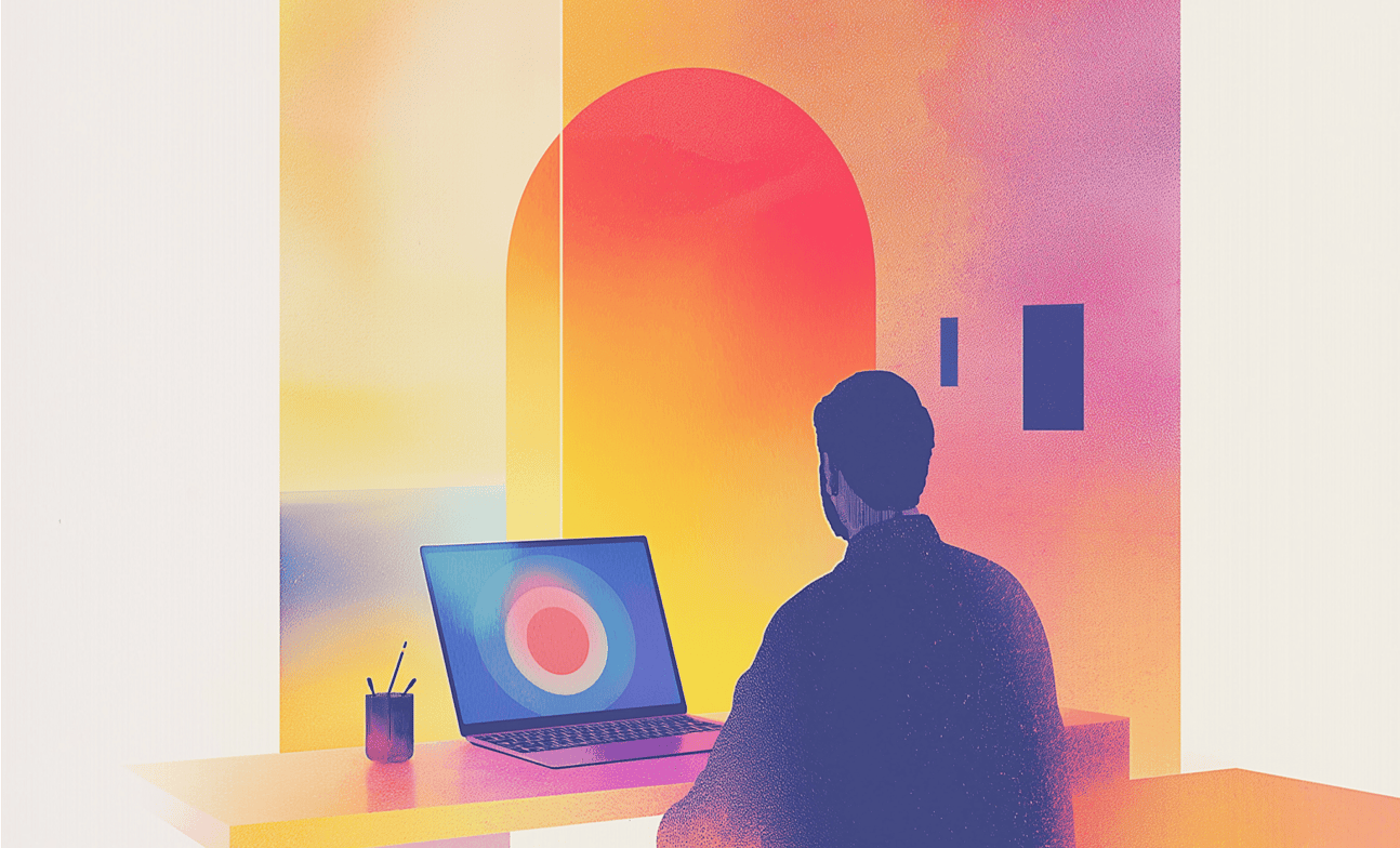 Someone working at a desk in a workspace washed in Andalusi colours