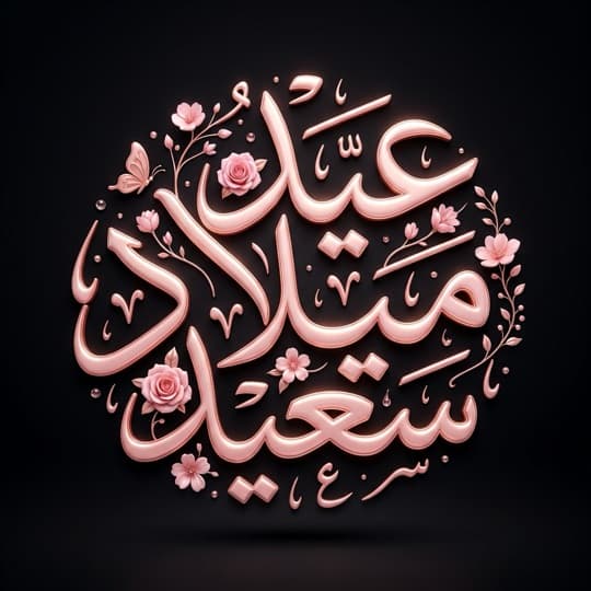 'Happy birthday' Arabic calligraphy with flowers, AI-generated in Andalusi