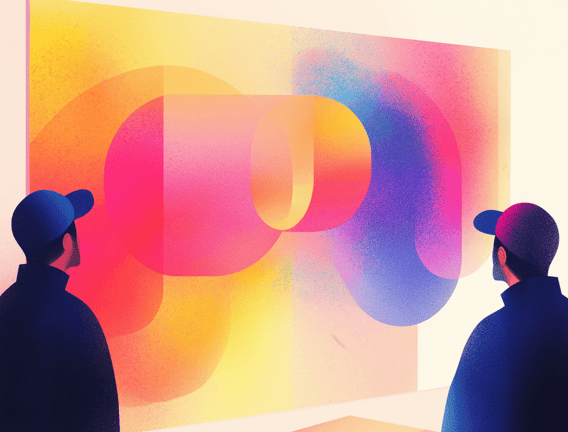 Two people looking at a colourful artwork