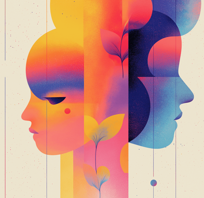 Two faces in gradient colours representing the impact of Arabic design