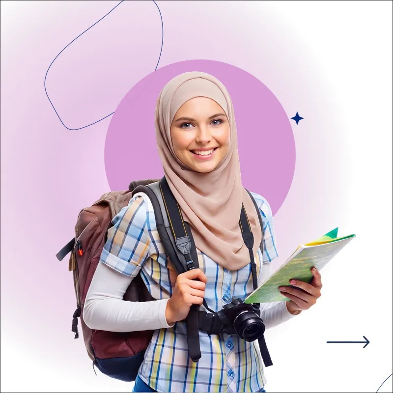 First page of a travel campaign designed in Andalusi, a traveler holding a backpack and a map